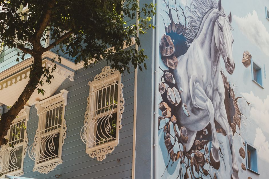 Painted house wall with a bold mural beside two windows.