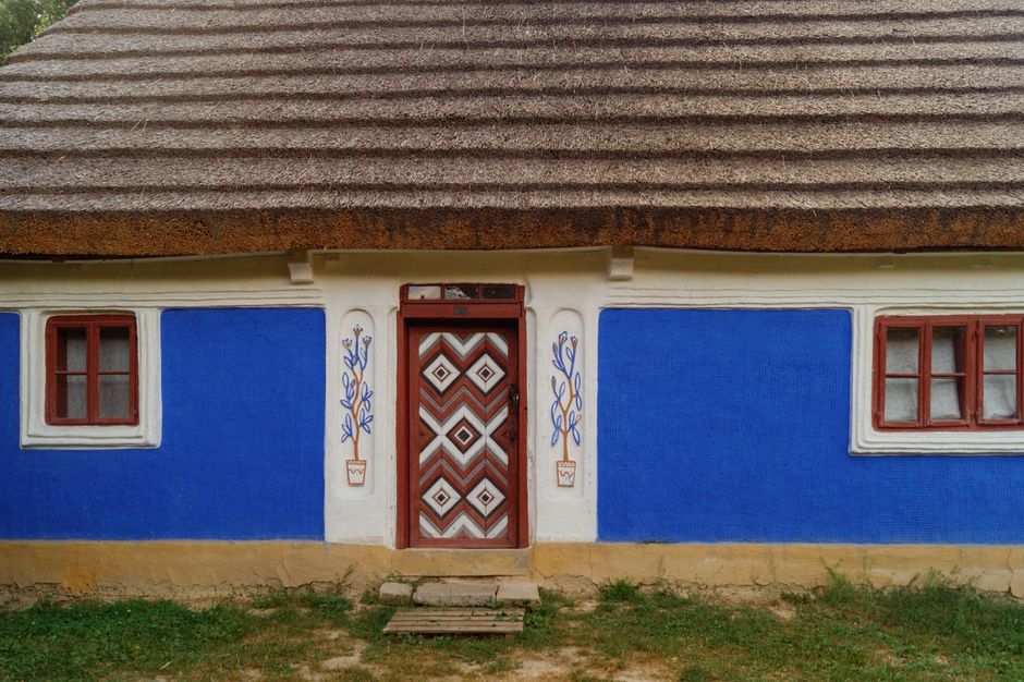 Small house with freshly painted blue walls.